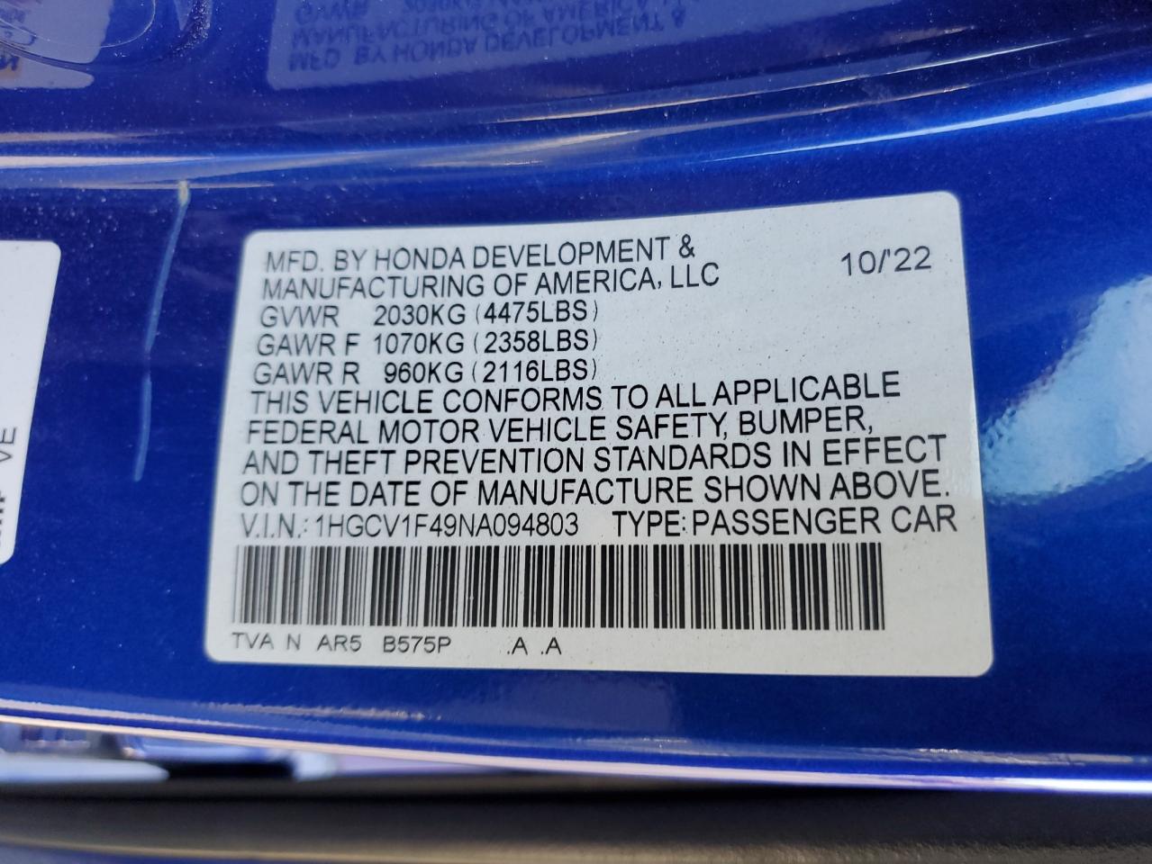 2022 Honda Accord Sport Se VIN: 1HGCV1F49NA094803 Lot: 60435794