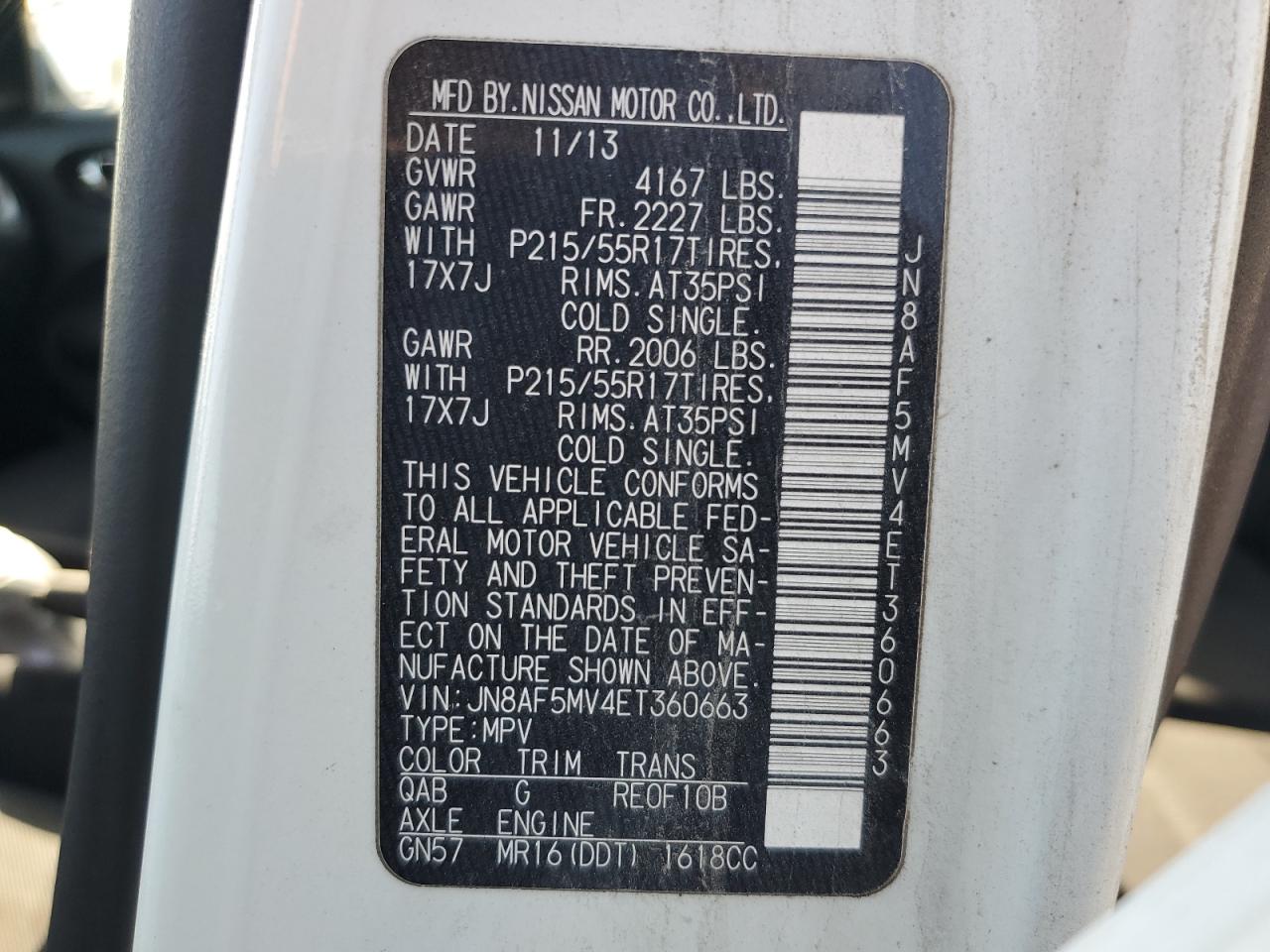 2014 Nissan Juke S VIN: JN8AF5MV4ET360663 Lot: 60162294