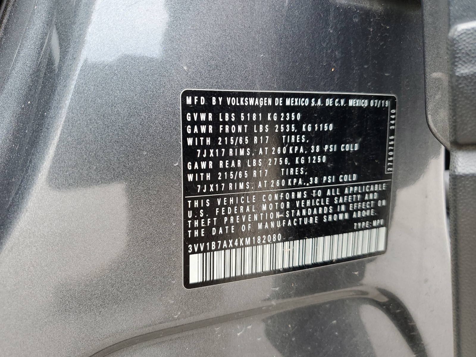 3VV1B7AX4KM182080 2019 Volkswagen Tiguan S