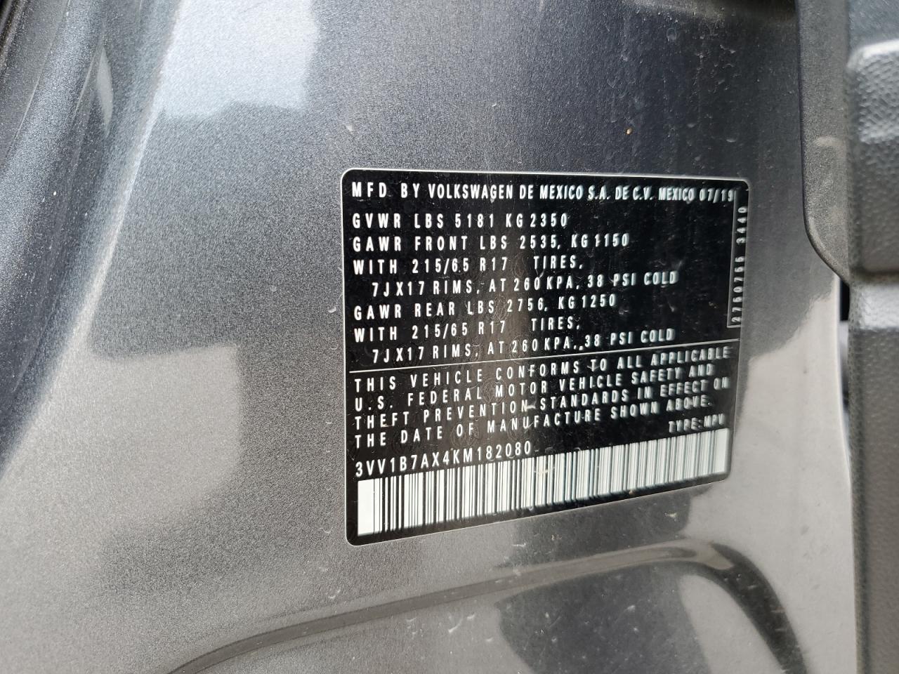 2019 Volkswagen Tiguan S VIN: 3VV1B7AX4KM182080 Lot: 59820034