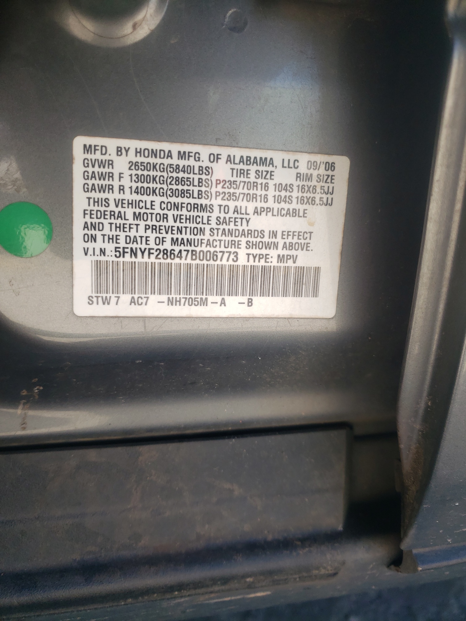 5FNYF28647B006773 2007 Honda Pilot Exl