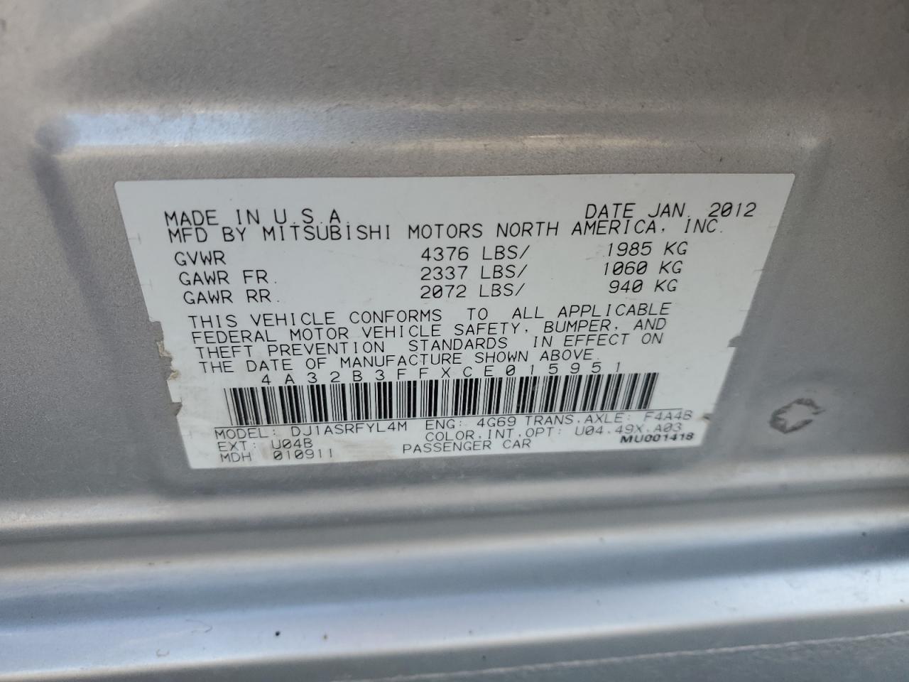 2012 Mitsubishi Galant Es VIN: 4A32B3FFXCE015951 Lot: 58650384