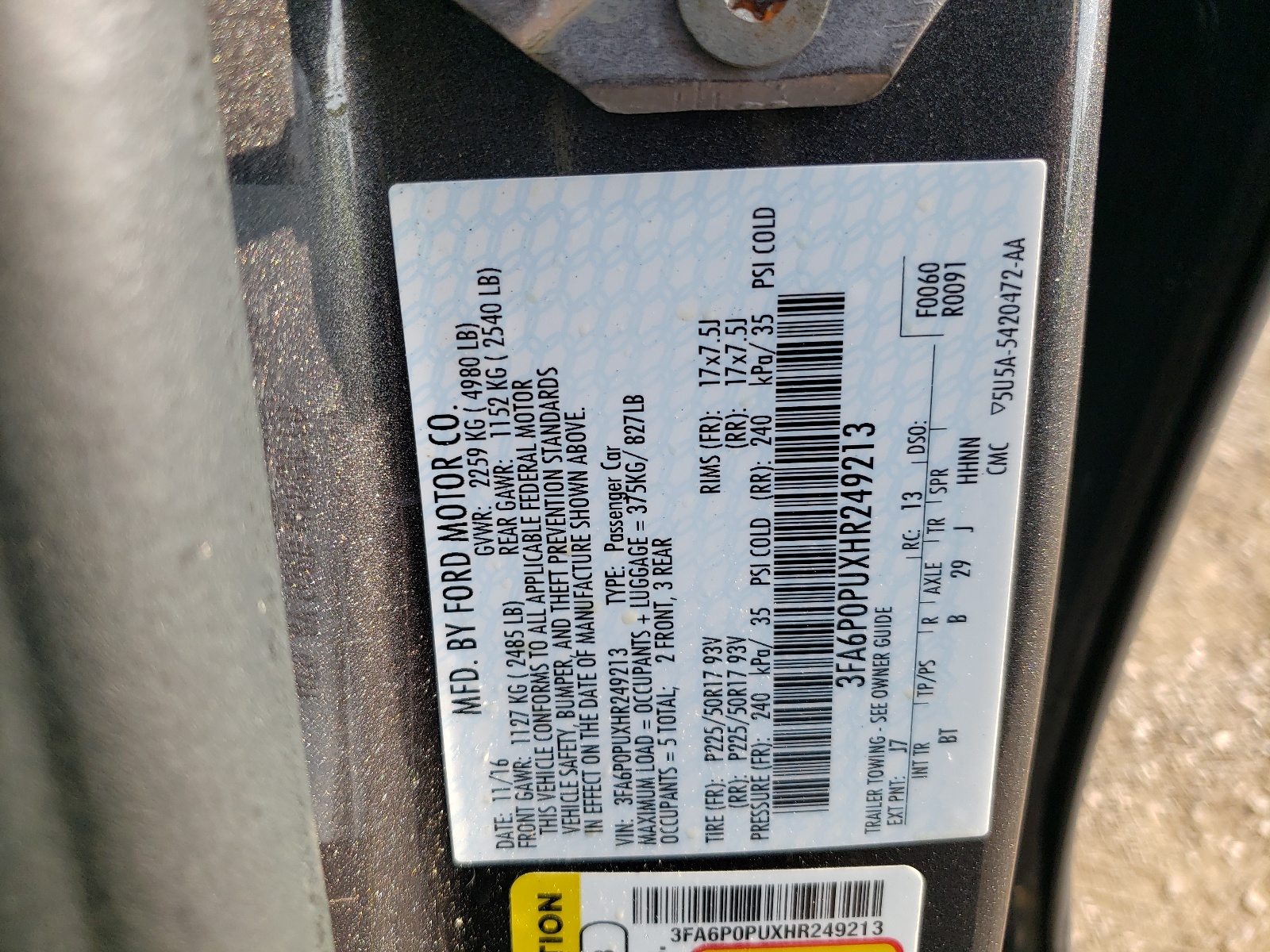 3FA6P0PUXHR249213 2017 Ford Fusion Se Phev