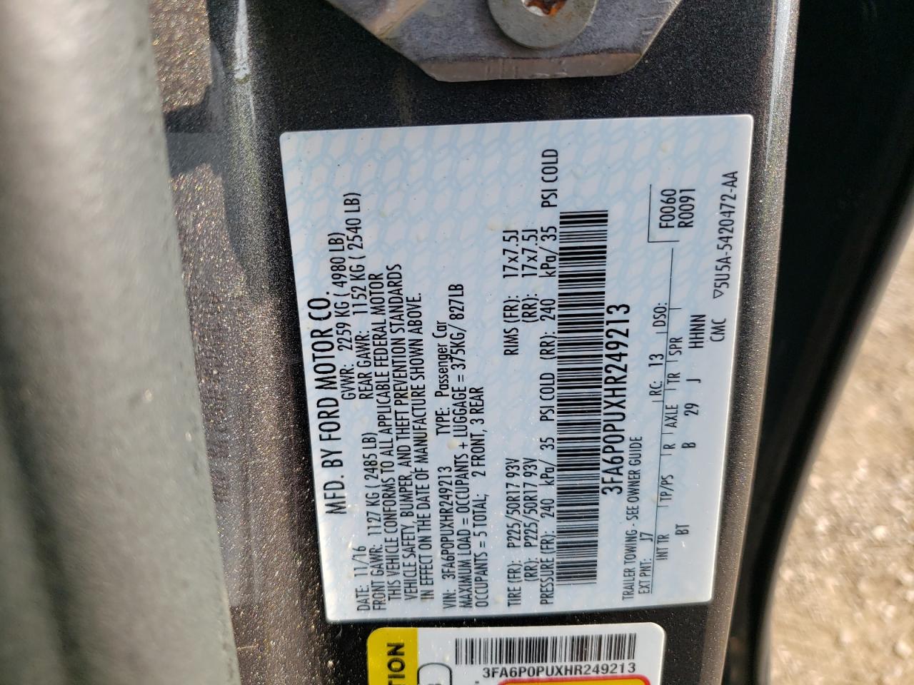 2017 Ford Fusion Se Phev VIN: 3FA6P0PUXHR249213 Lot: 59624014