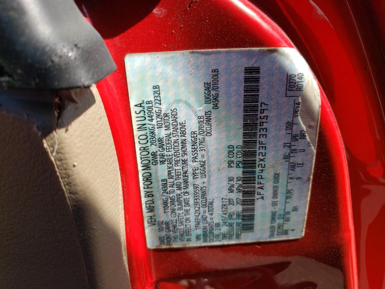 2003 Ford Mustang Gt VIN: 1FAFP42X23F339597 Lot: 59732184