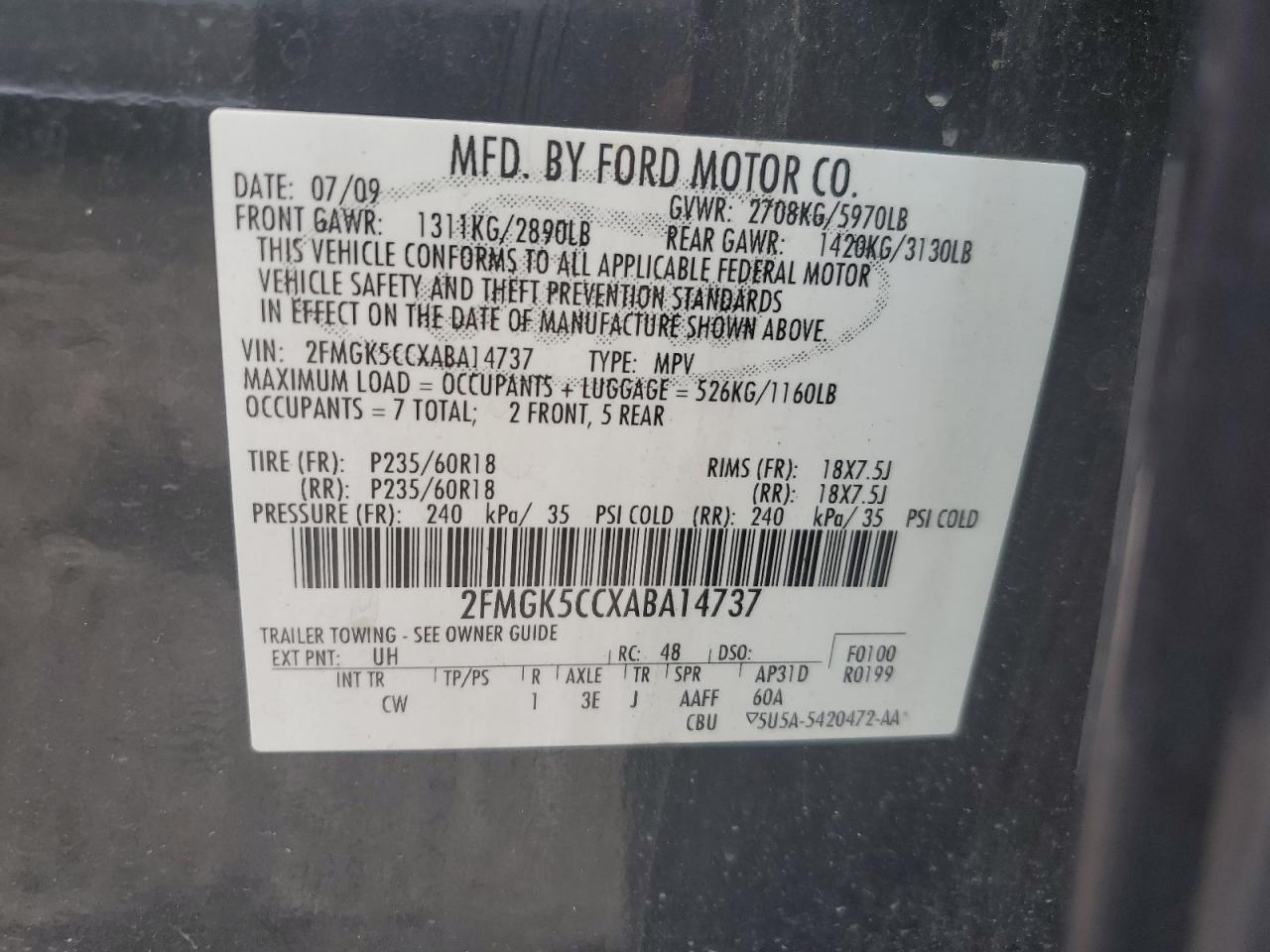 2010 Ford Flex Sel VIN: 2FMGK5CCXABA14737 Lot: 59931724