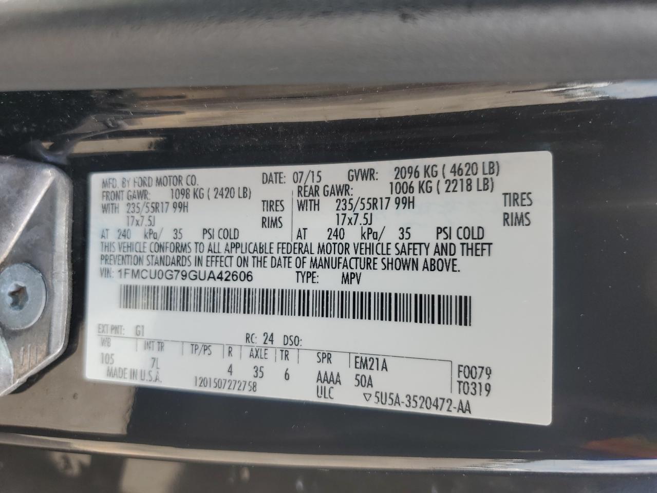 2016 Ford Escape Se VIN: 1FMCU0G79GUA42606 Lot: 59865744