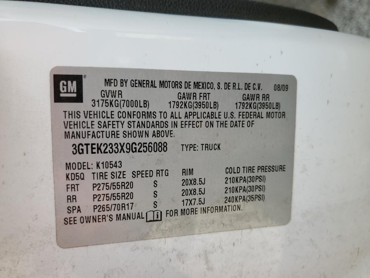 2009 GMC Sierra K1500 Sle VIN: 3GTEK233X9G256088 Lot: 61051444
