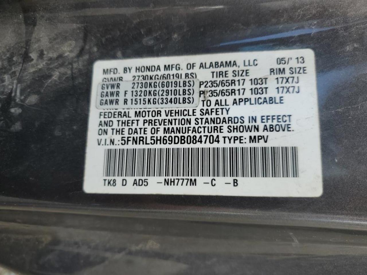 5FNRL5H69DB084704 2013 Honda Odyssey Exl