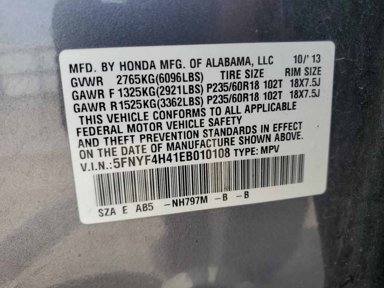 2014 Honda Pilot Ex VIN: 5FNYF4H41EB010108 Lot: 59621924