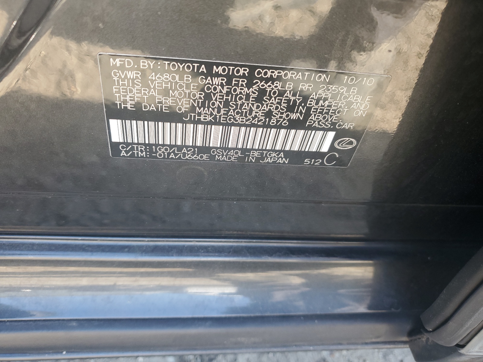 JTHBK1EG3B2421876 2011 Lexus Es 350