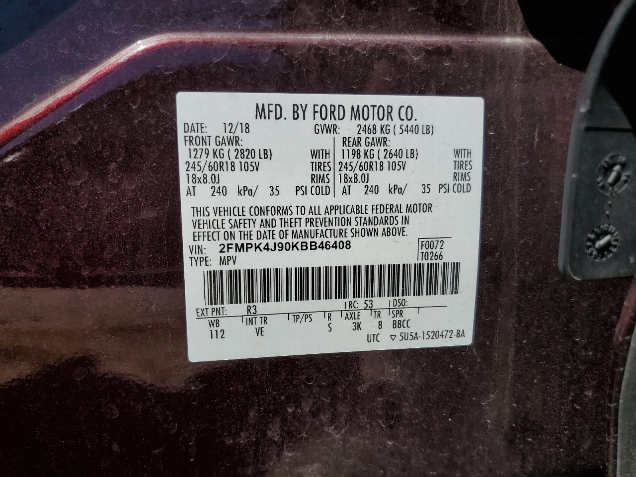 2019 Ford Edge Sel VIN: 2FMPK4J90KBB46408 Lot: 60211054