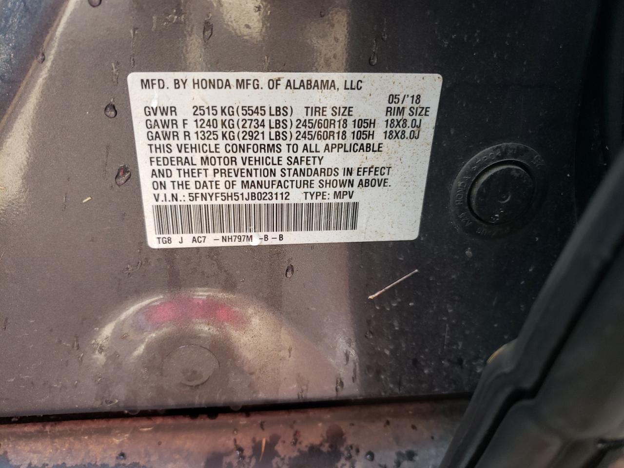 2018 Honda Pilot Exl VIN: 5FNYF5H51JB023112 Lot: 60680814