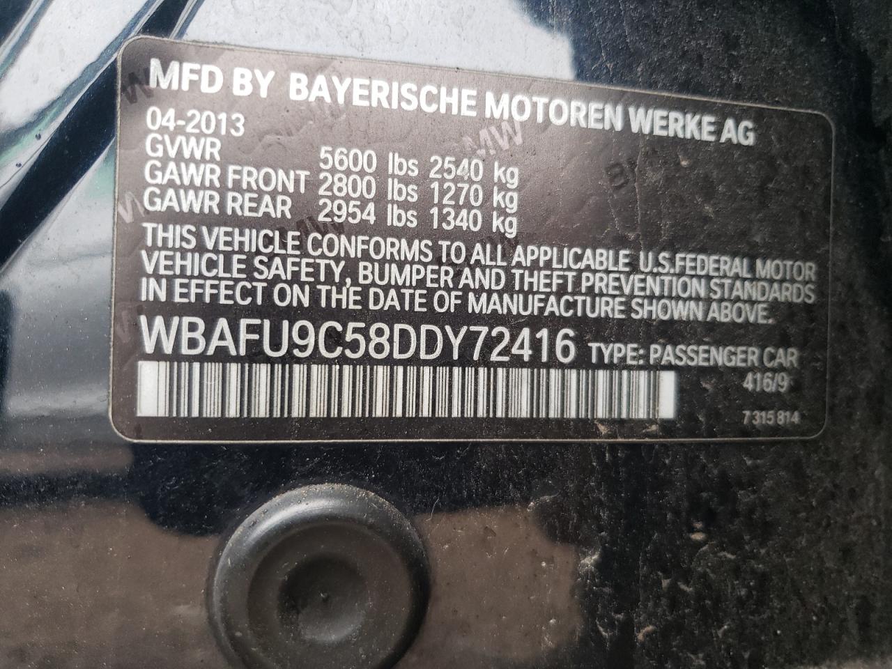 2013 BMW 550 Xi VIN: WBAFU9C58DDY72416 Lot: 60748694