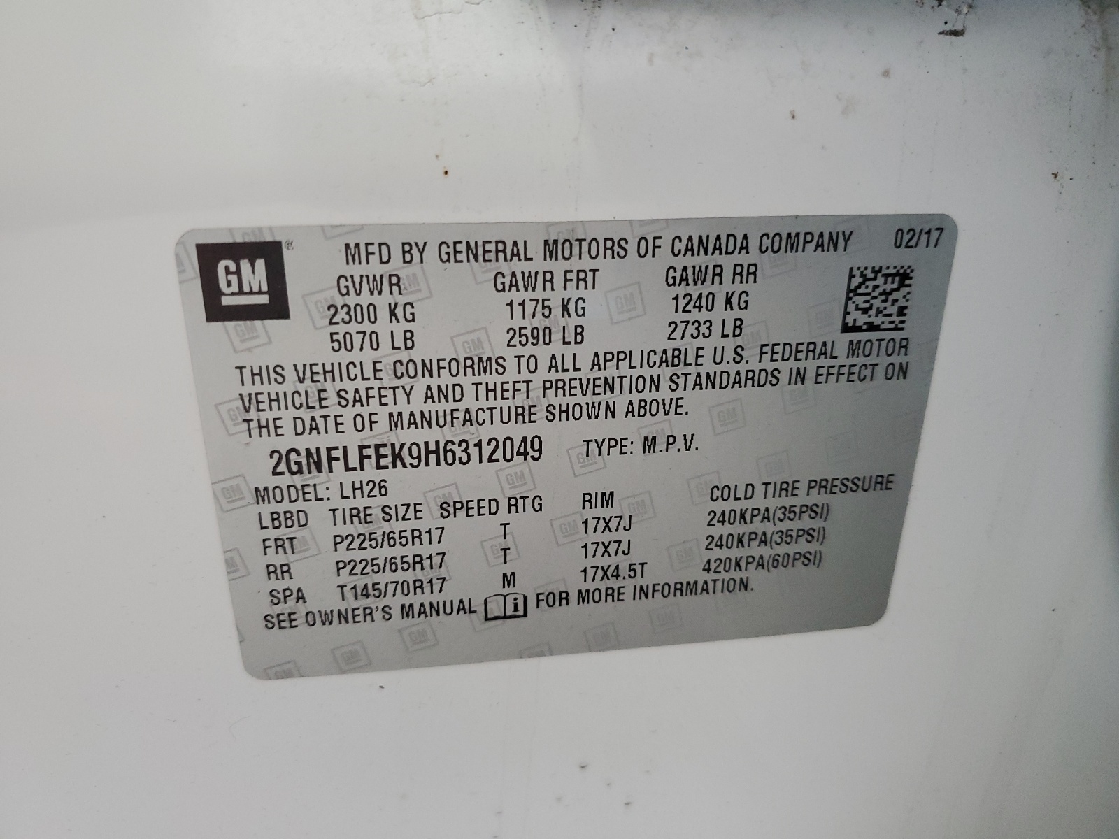 2GNFLFEK9H6312049 2017 Chevrolet Equinox Lt