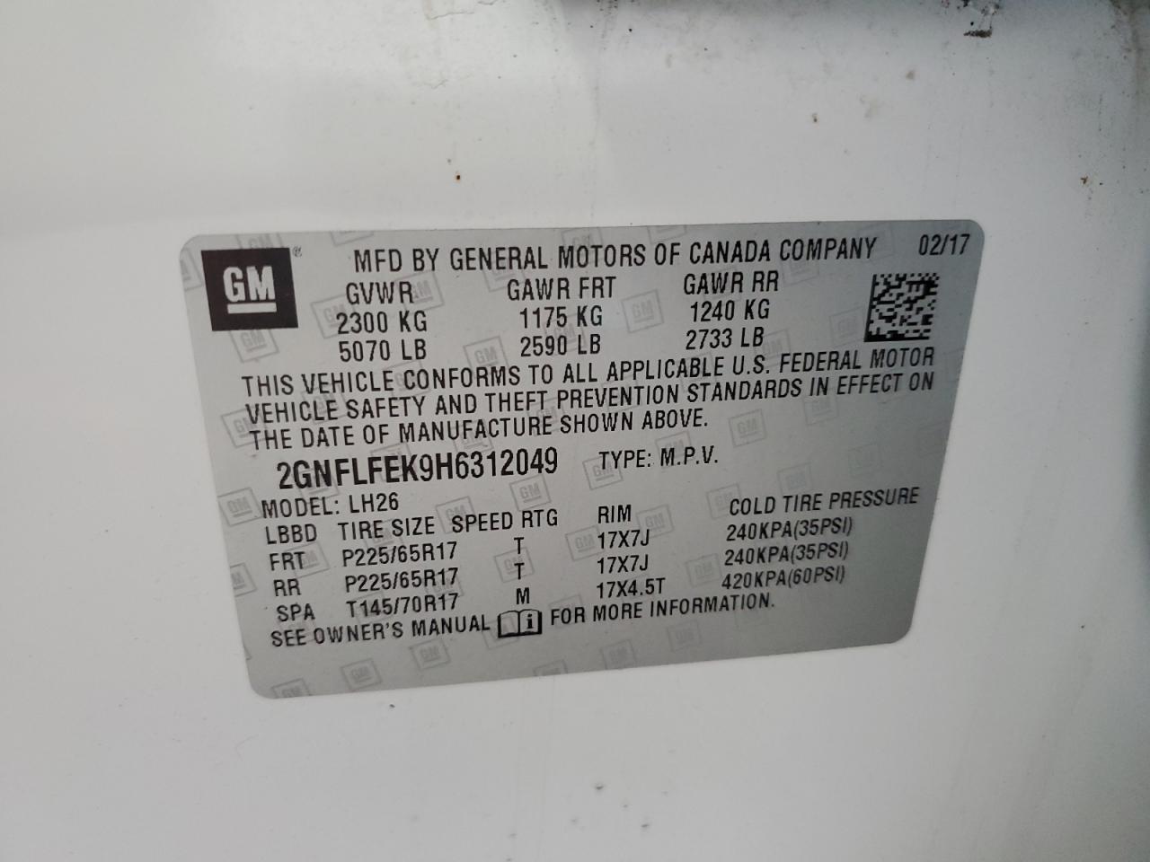 2017 Chevrolet Equinox Lt VIN: 2GNFLFEK9H6312049 Lot: 59968204