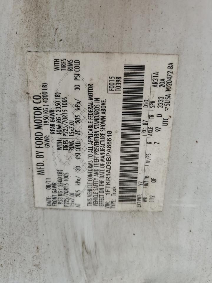 2011 Ford Ranger VIN: 1FTKR1AD9BPA86618 Lot: 59044774