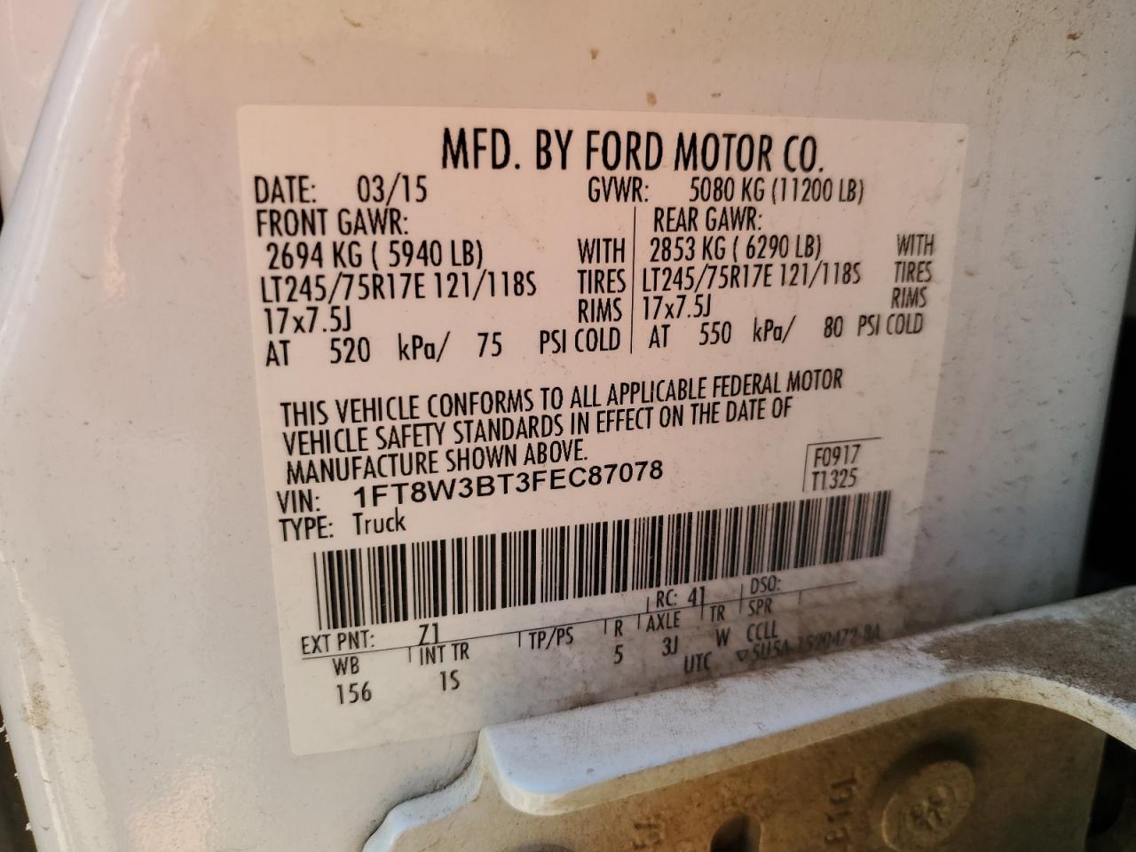 2015 Ford F350 Super Duty VIN: 1FT8W3BT3FEC87078 Lot: 59364014