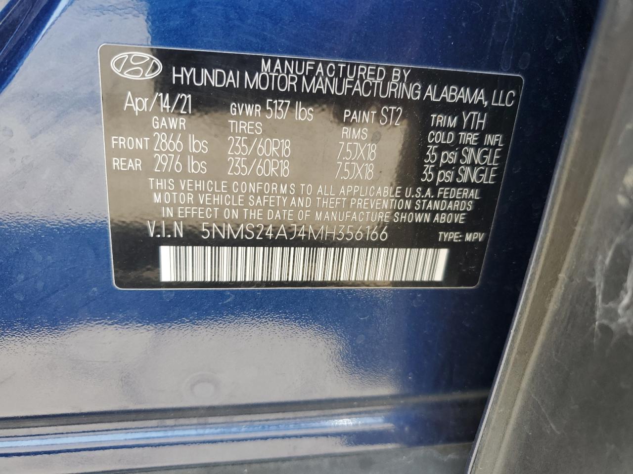 2021 Hyundai Santa Fe Sel VIN: 5NMS24AJ4MH356166 Lot: 60397114