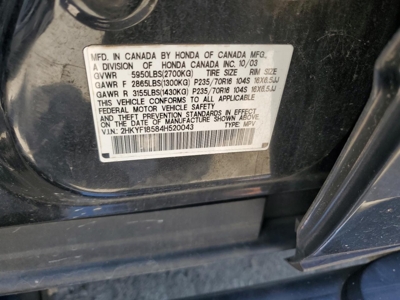 2004 Honda Pilot Exl VIN: 2HKYF18584H520043 Lot: 58498194