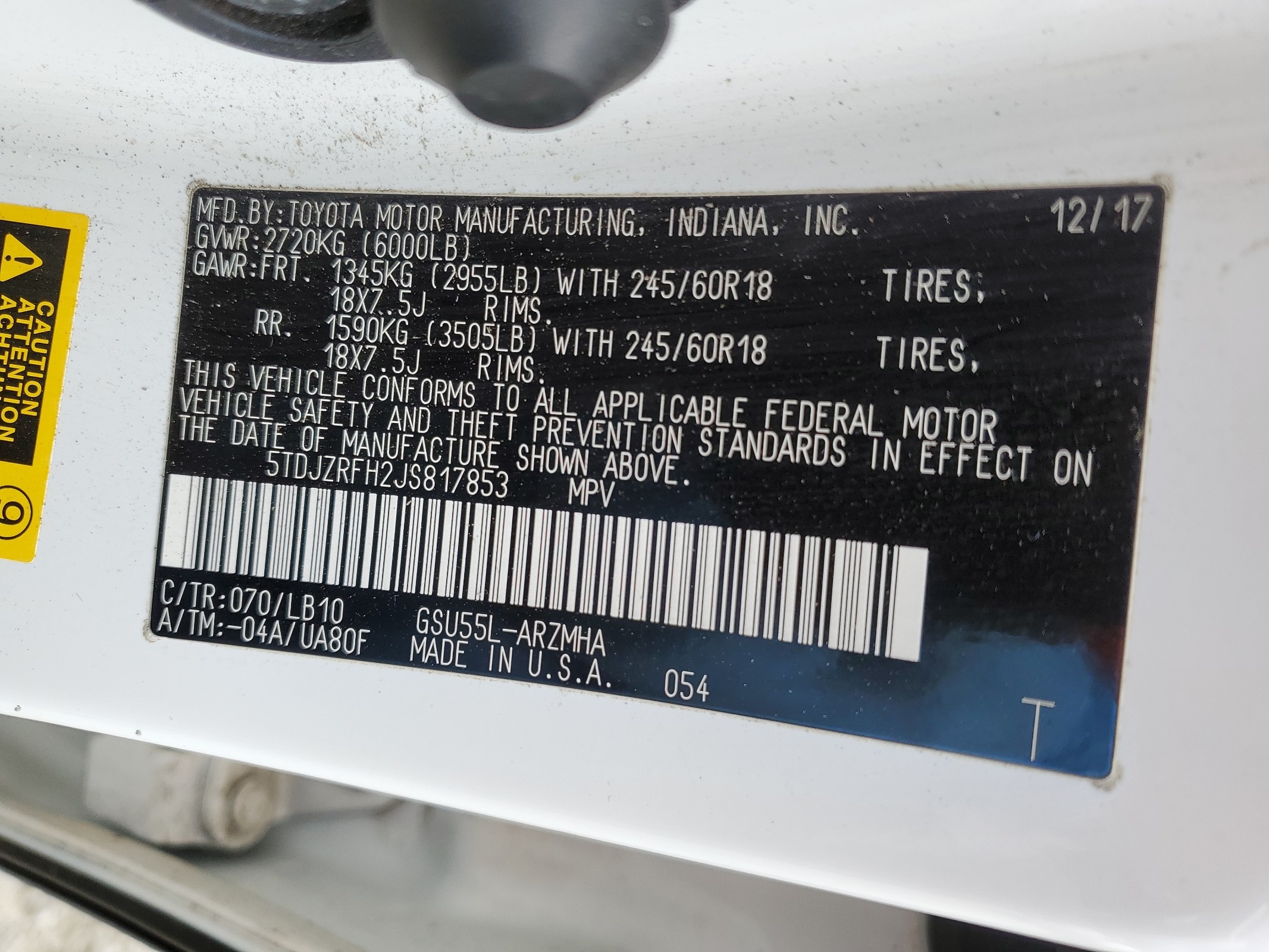 5TDJZRFH2JS817853 2018 Toyota Highlander Se