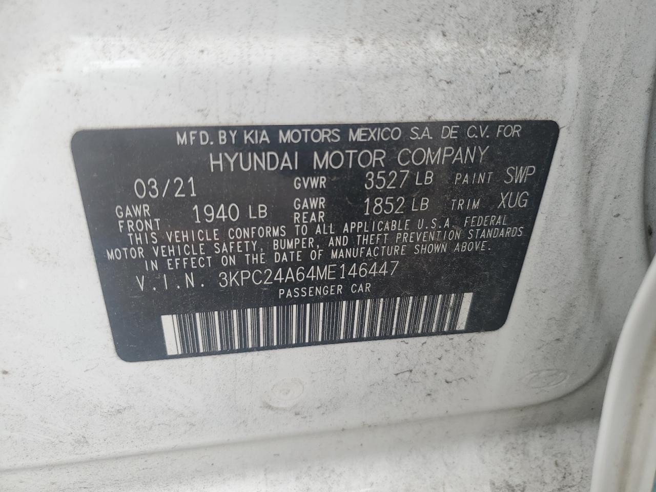 2021 Hyundai Accent Se VIN: 3KPC24A64ME146447 Lot: 57917764