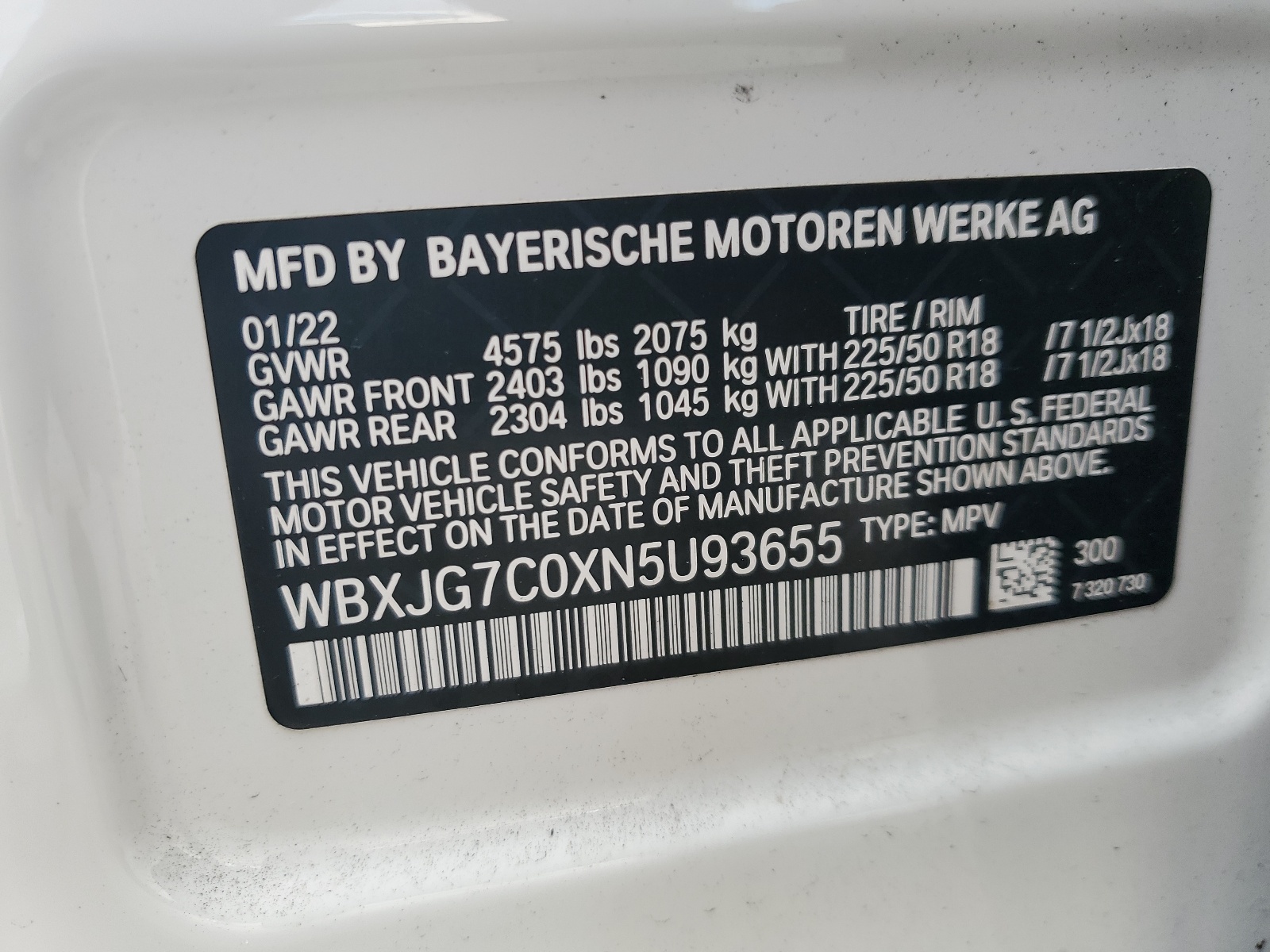 WBXJG7C0XN5U93655 2022 BMW X1 Sdrive28I