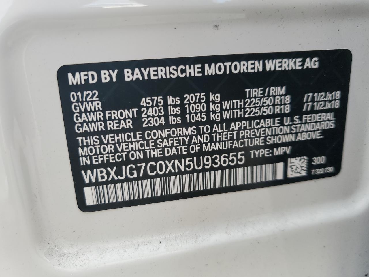 2022 BMW X1 Sdrive28I VIN: WBXJG7C0XN5U93655 Lot: 60280994