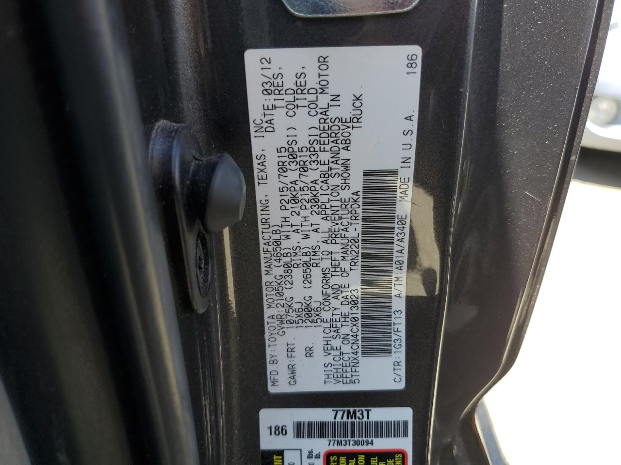 2012 Toyota Tacoma VIN: 5TFNX4CN4CX013023 Lot: 57685224