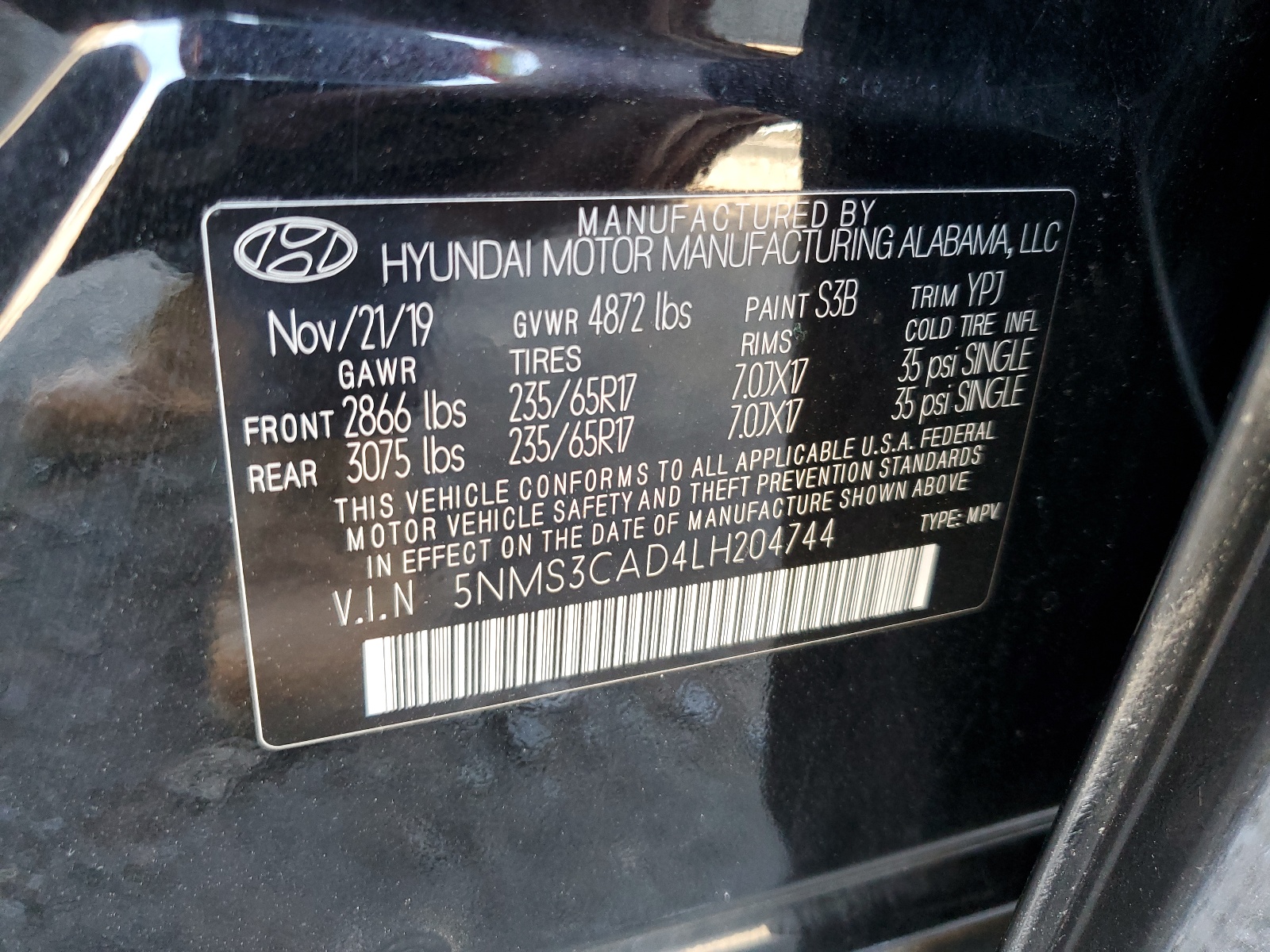 5NMS3CAD4LH204744 2020 Hyundai Santa Fe Sel