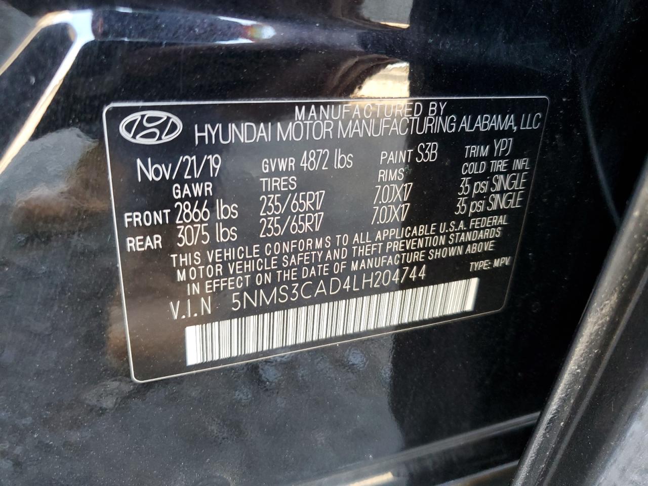 2020 Hyundai Santa Fe Sel VIN: 5NMS3CAD4LH204744 Lot: 59617214