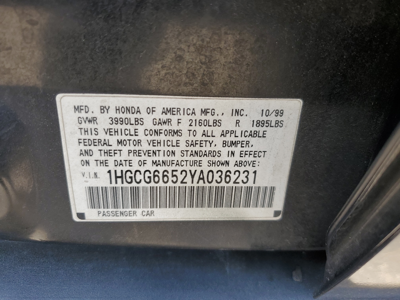 1HGCG6652YA036231 2000 Honda Accord Lx