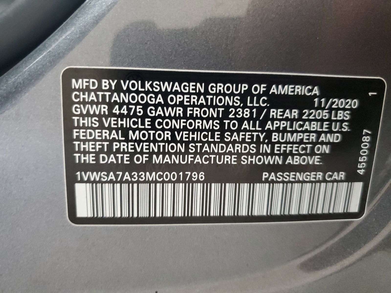 1VWSA7A33MC001796 2021 Volkswagen Passat Se