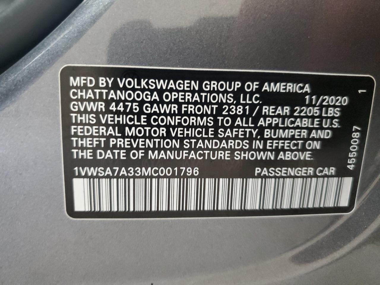 2021 Volkswagen Passat Se VIN: 1VWSA7A33MC001796 Lot: 57888954