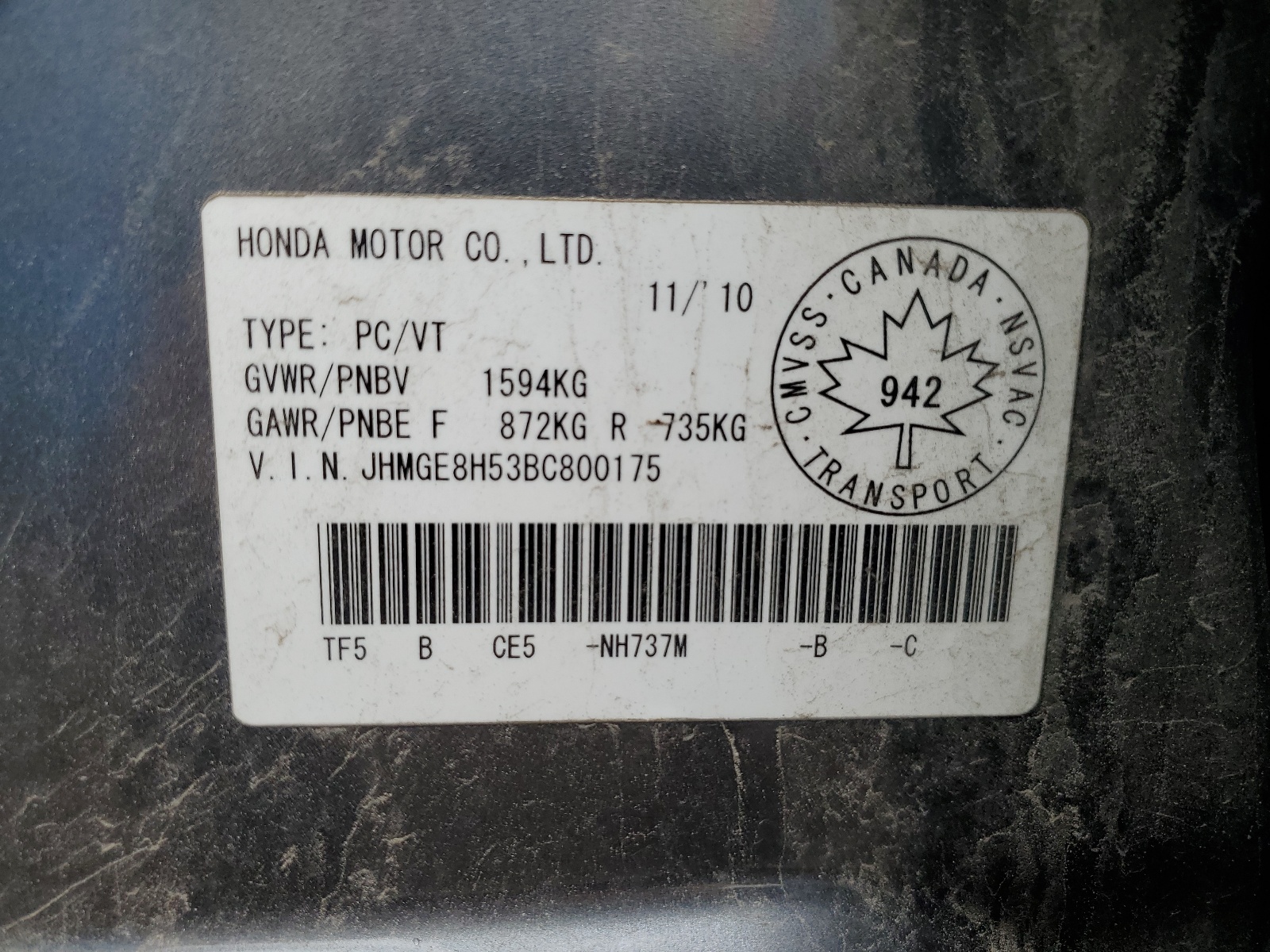 JHMGE8H53BC800175 2011 Honda Fit Sport