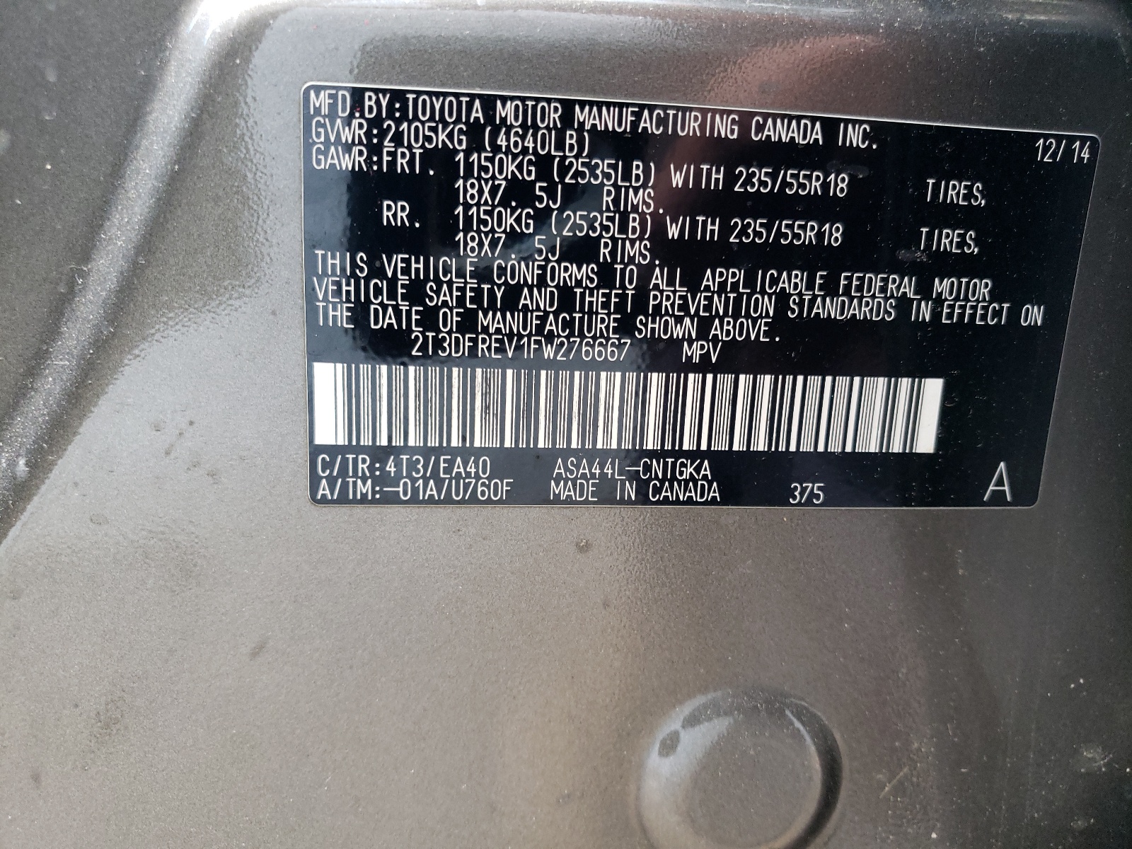 2T3DFREV1FW276667 2015 Toyota Rav4 Limited