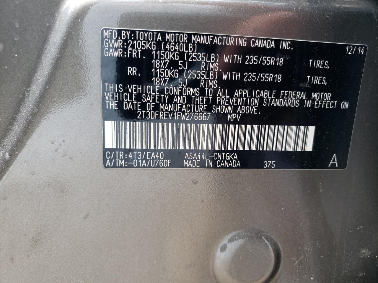 2015 Toyota Rav4 Limited VIN: 2T3DFREV1FW276667 Lot: 58136904