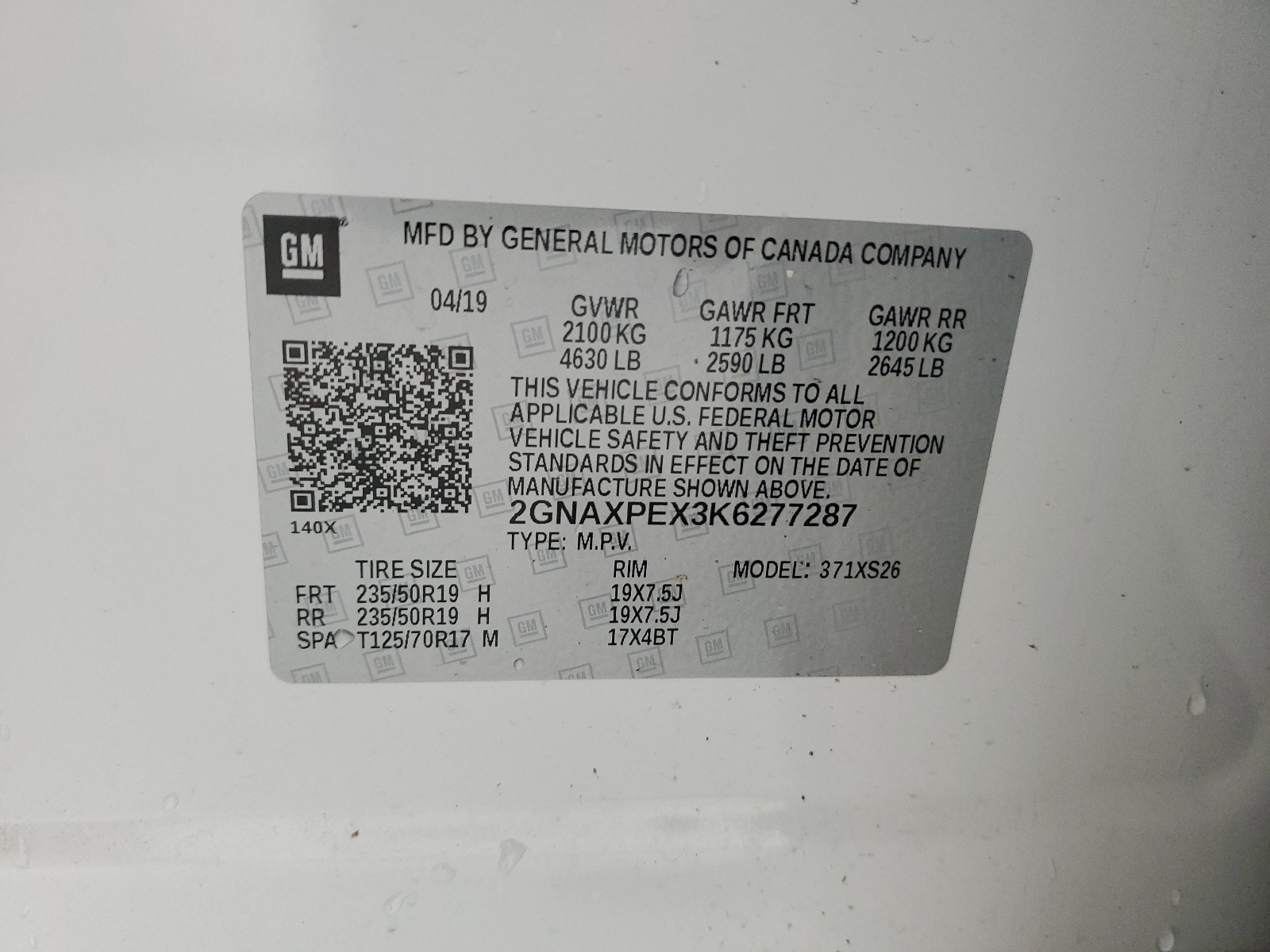 2GNAXPEX3K6277287 2019 Chevrolet Equinox Premier