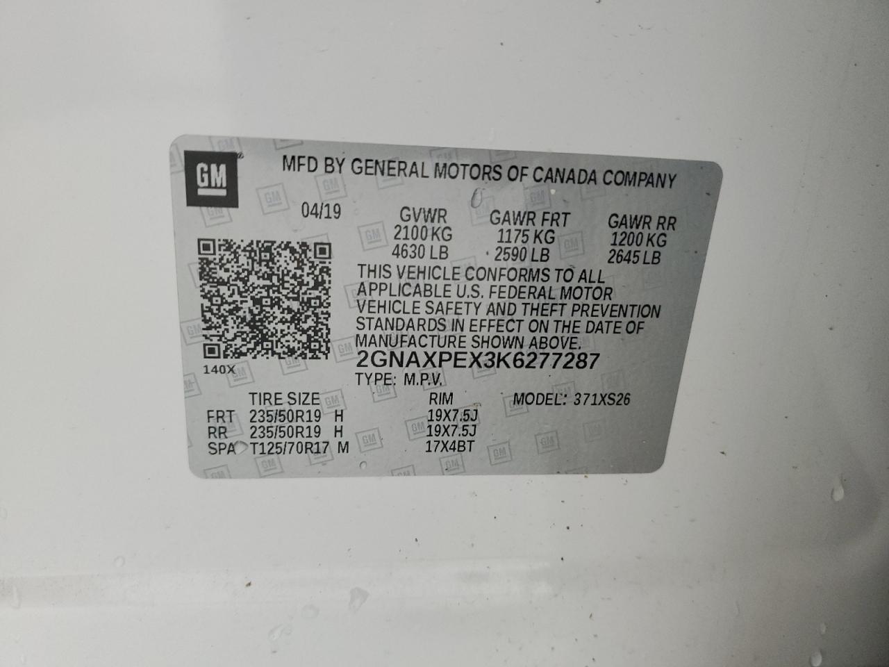 2019 Chevrolet Equinox Premier VIN: 2GNAXPEX3K6277287 Lot: 60353434