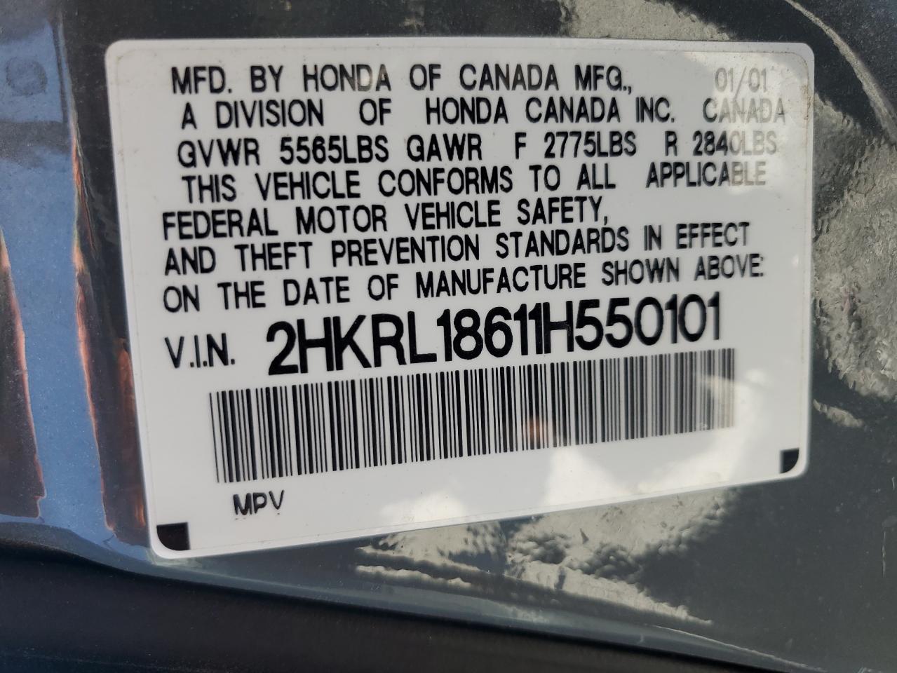 2001 Honda Odyssey Ex VIN: 2HKRL18611H550101 Lot: 60172434