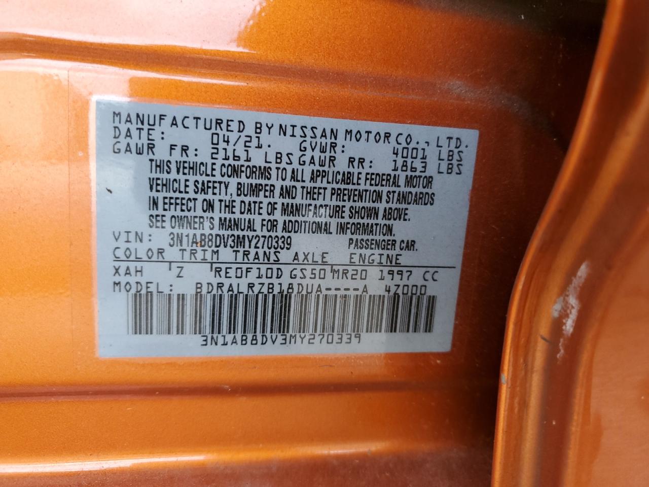 2021 Nissan Sentra Sr VIN: 3N1AB8DV3MY270339 Lot: 60717964