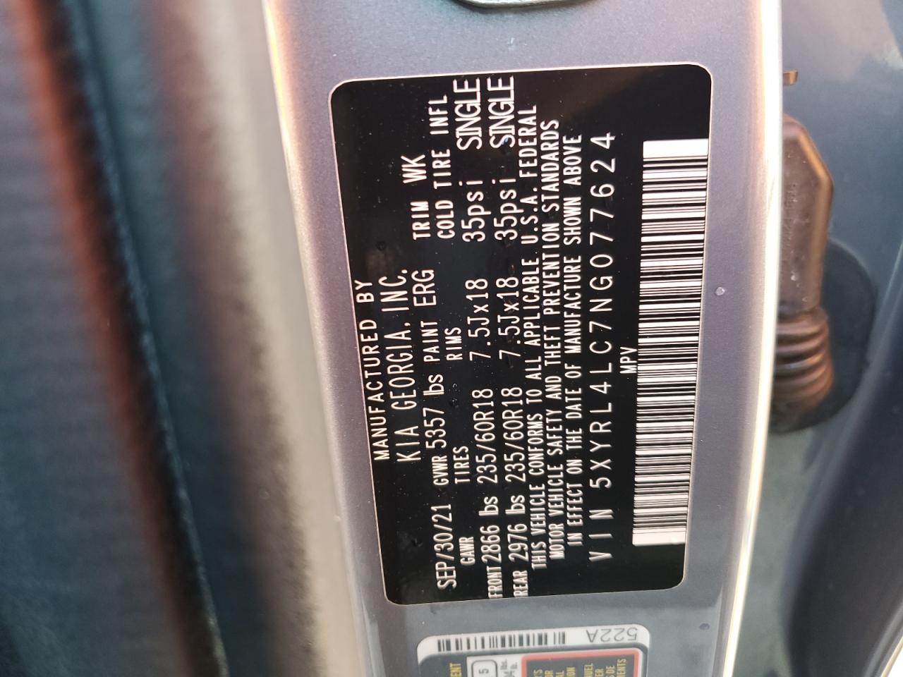 2022 Kia Sorento S VIN: 5XYRL4LC7NG077624 Lot: 58308624