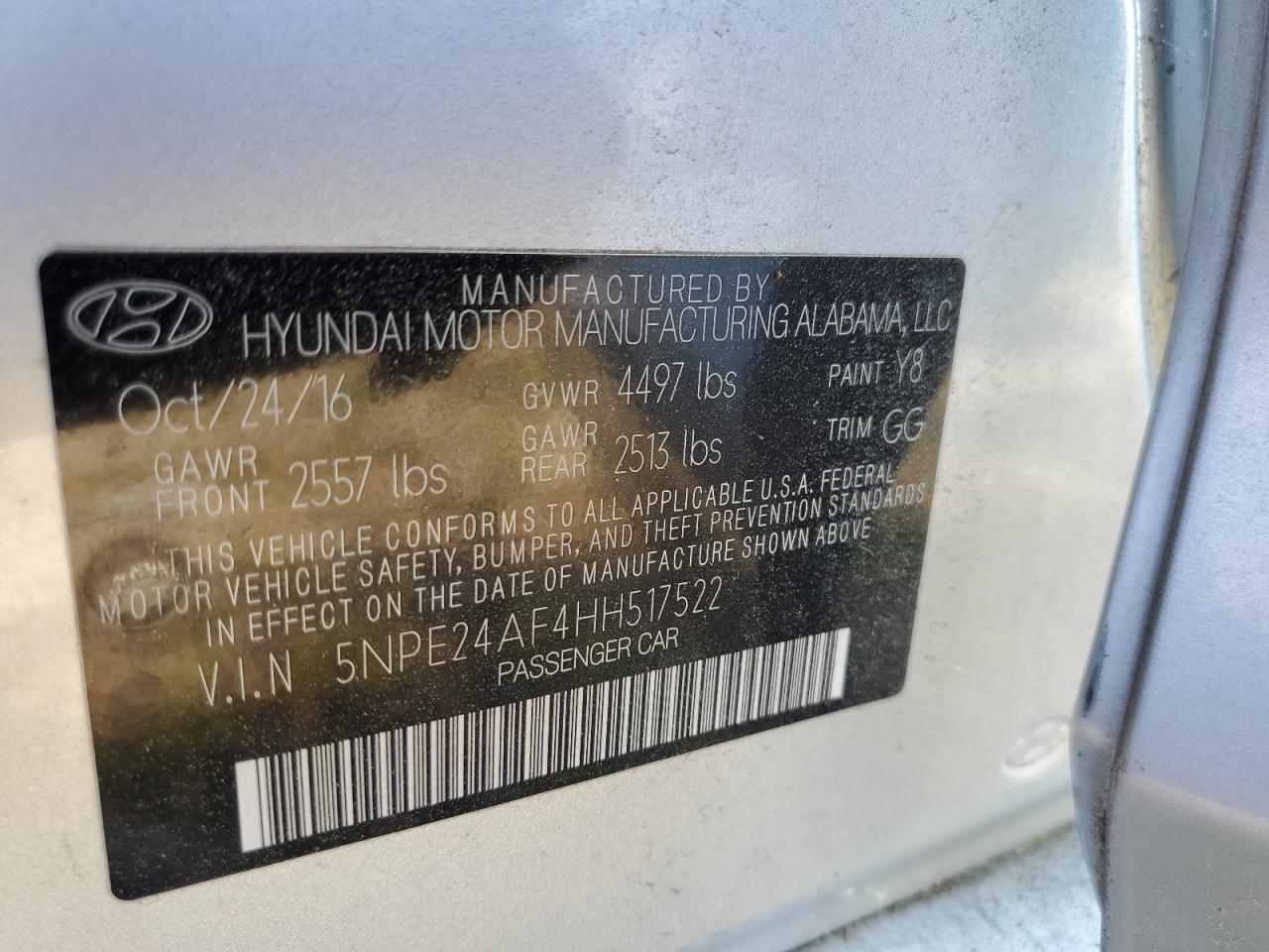 2017 Hyundai Sonata Se VIN: 5NPE24AF4HH517522 Lot: 56579234