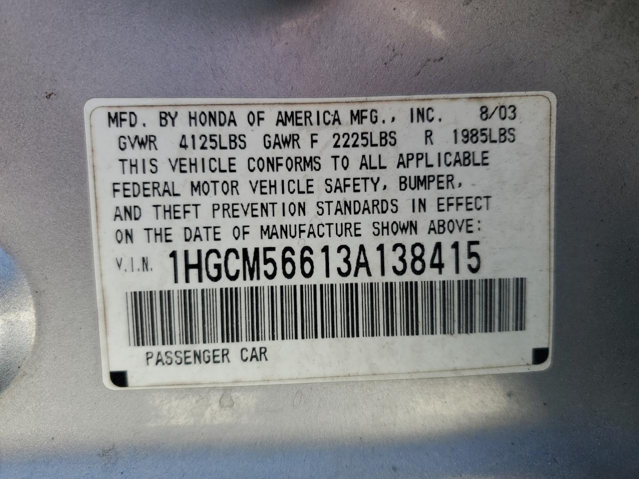 1HGCM56613A138415 2003 Honda Accord Ex