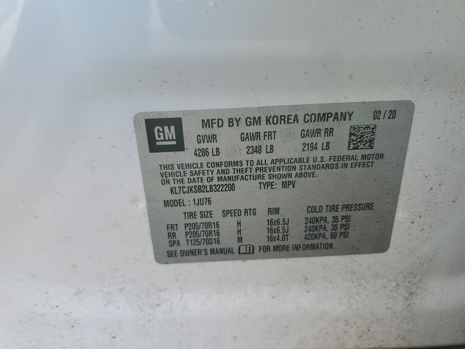 KL7CJKSB2LB322200 2020 Chevrolet Trax Ls