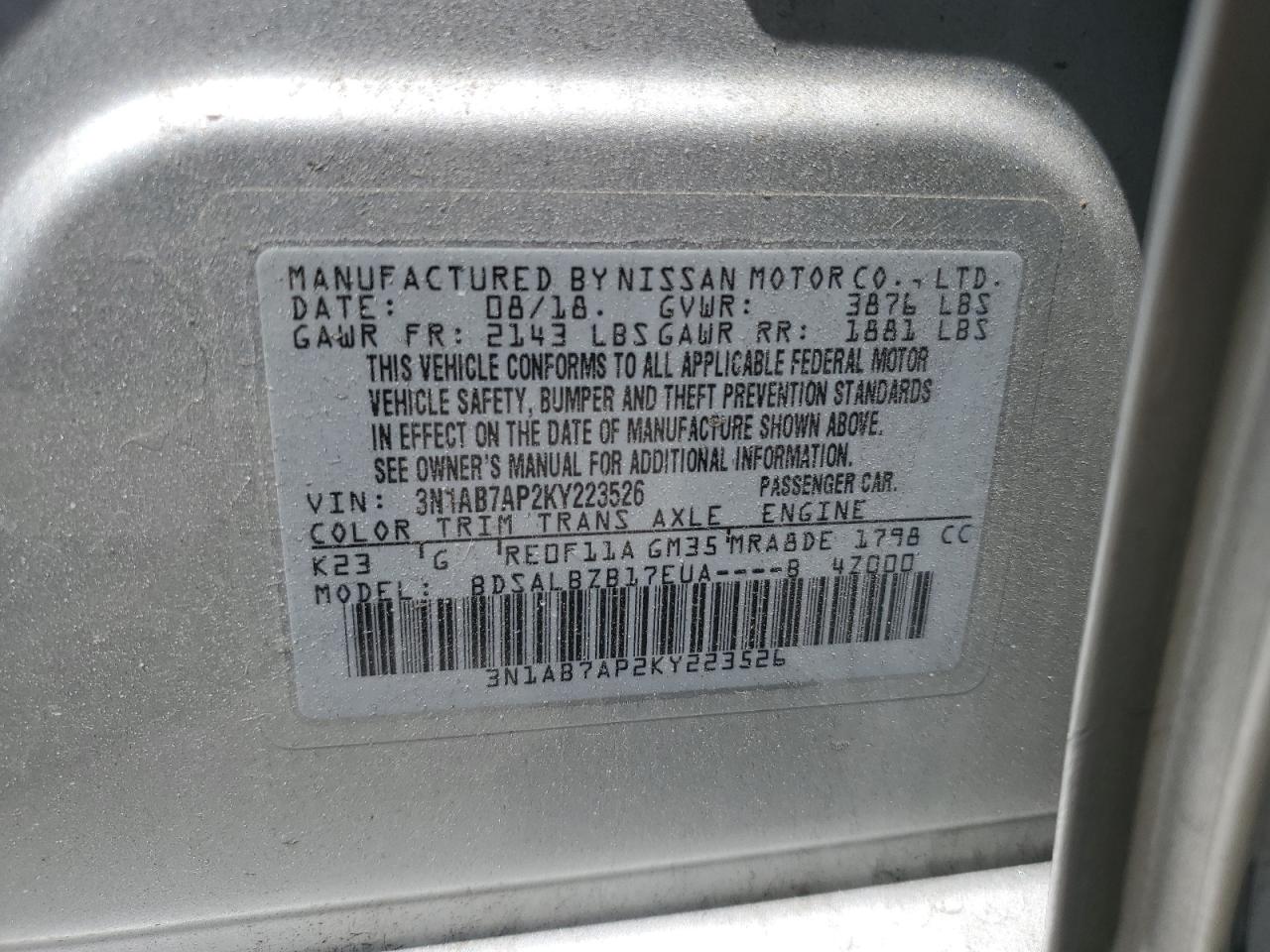 3N1AB7AP2KY223526 2019 Nissan Sentra S