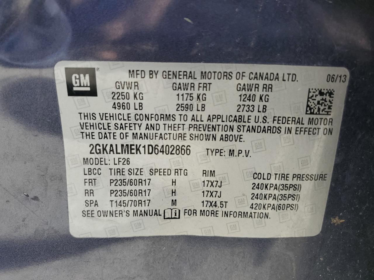 2013 GMC Terrain Sle VIN: 2GKALMEK1D6402866 Lot: 58840464