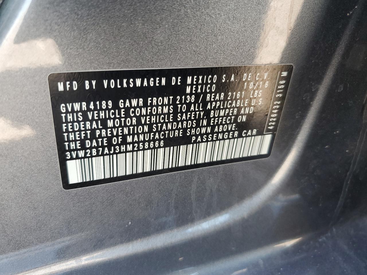 2017 Volkswagen Jetta S VIN: 3VW2B7AJ3HM258666 Lot: 58724854
