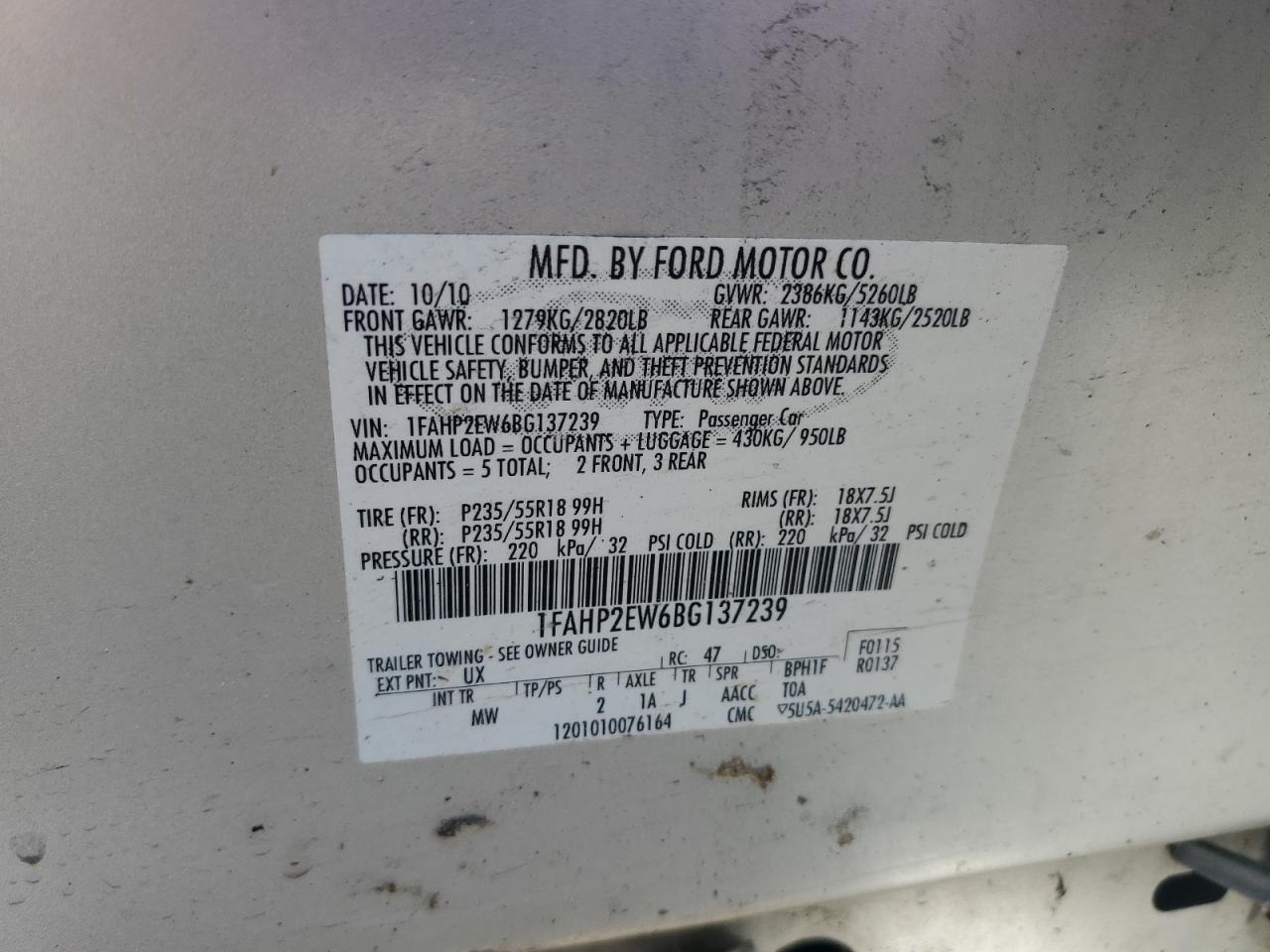 2011 Ford Taurus Sel VIN: 1FAHP2EW6BG137239 Lot: 55711194