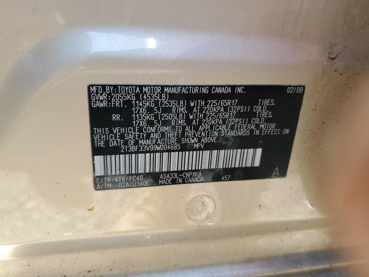 2009 Toyota Rav4 VIN: 2T3BF33V99W004685 Lot: 60658384